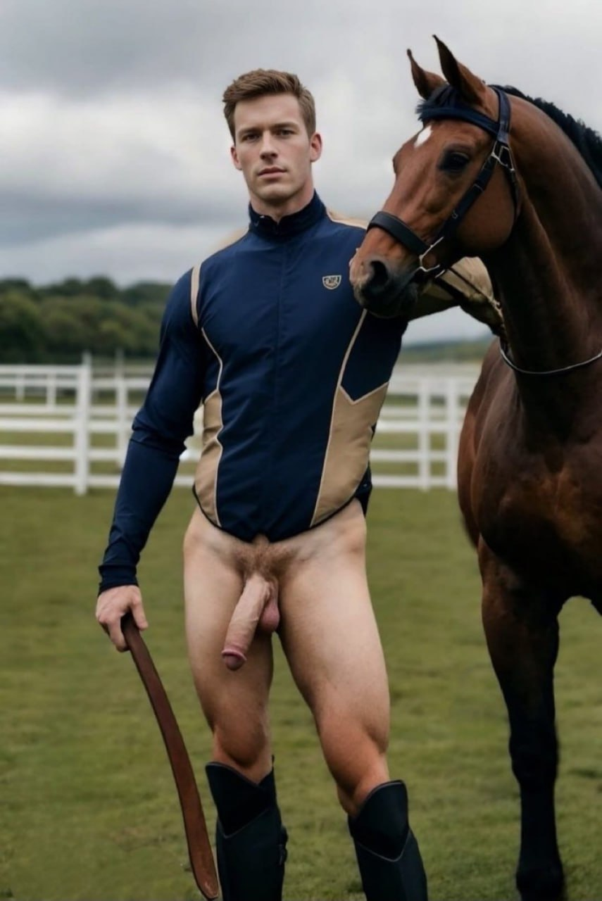 Nude man in riding jacket and boots standing with horse, holding crop, genitals exposed